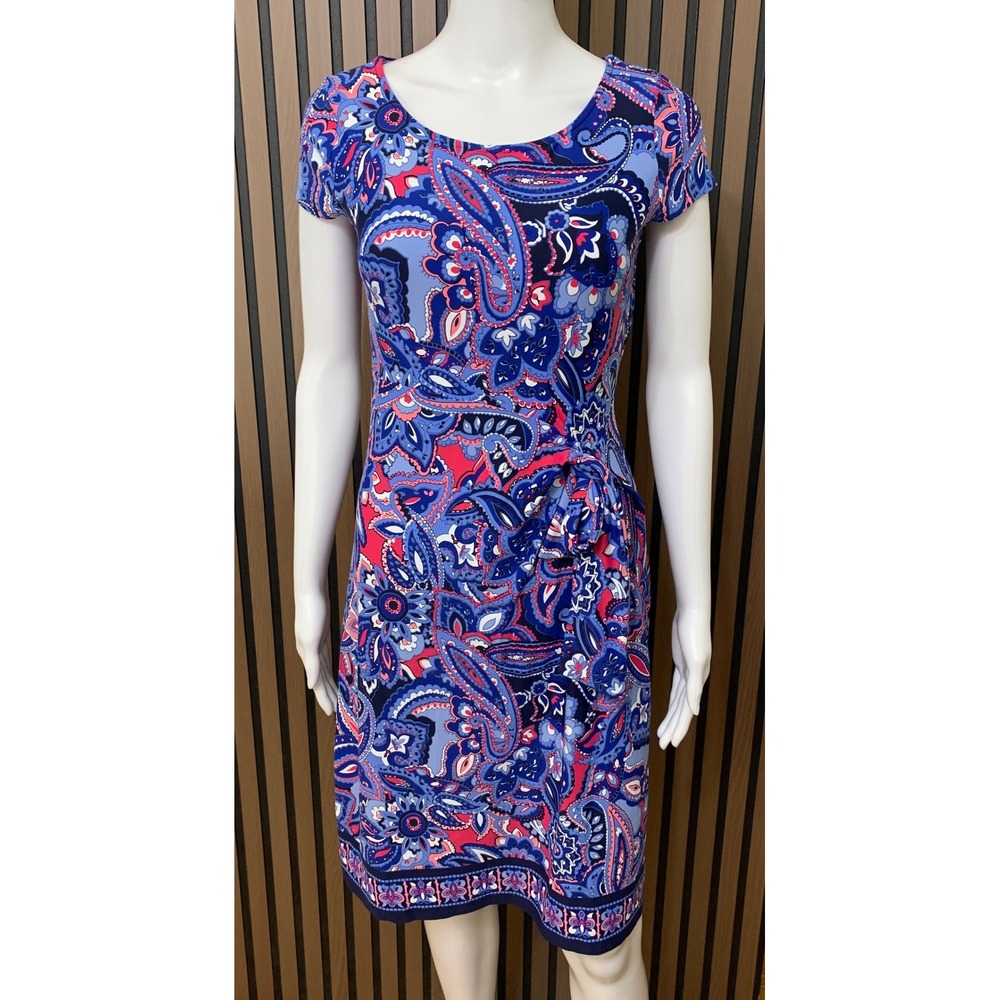 Talbots Women's Blue Pink Paisley Side Tie Sheath Dress XS Short Sleeve Classic